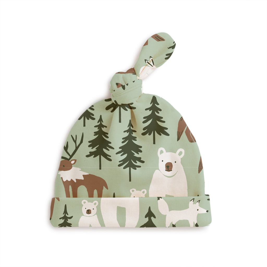 Knotted Baby Hat - Northern Animals Pale Green
