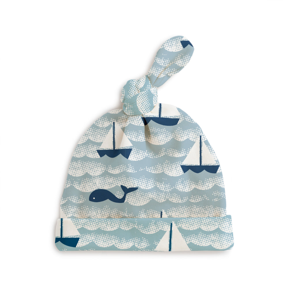 Knotted Baby Hat - Sailboats Ocean Blue & Navy