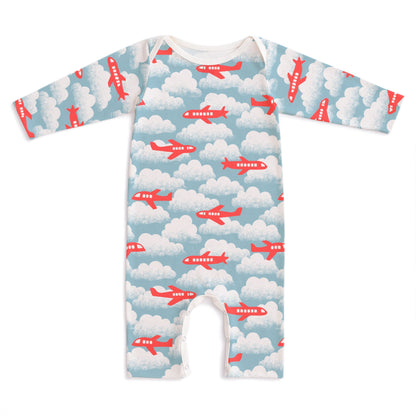 Long-Sleeve Romper - Airplanes Red & Blue