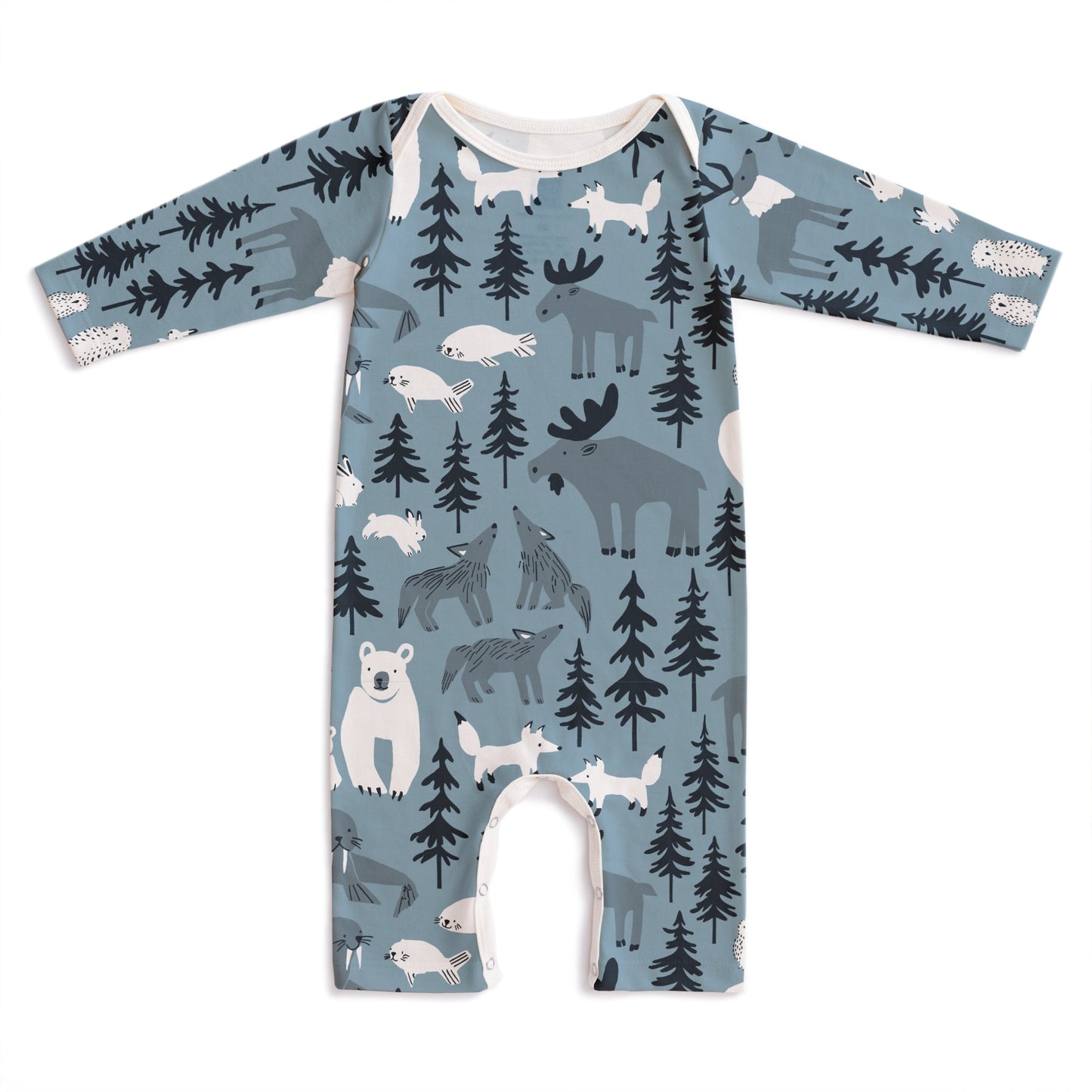 Long-Sleeve Romper - Northern Animals Mountain Blue