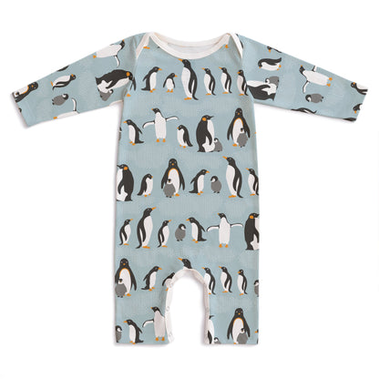 Long-Sleeve Romper - Penguins Pale Blue