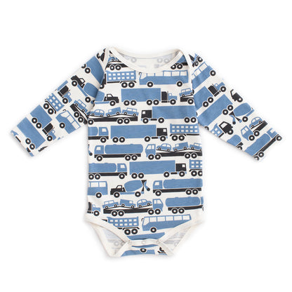 Long-Sleeve Snapsuit - Big Rigs Blue