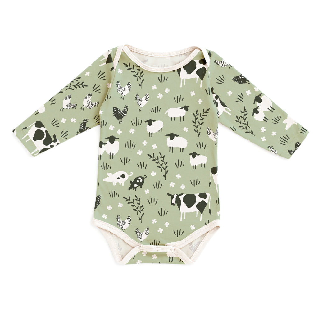 Long-Sleeve Snapsuit - Farm Animals Pale Green