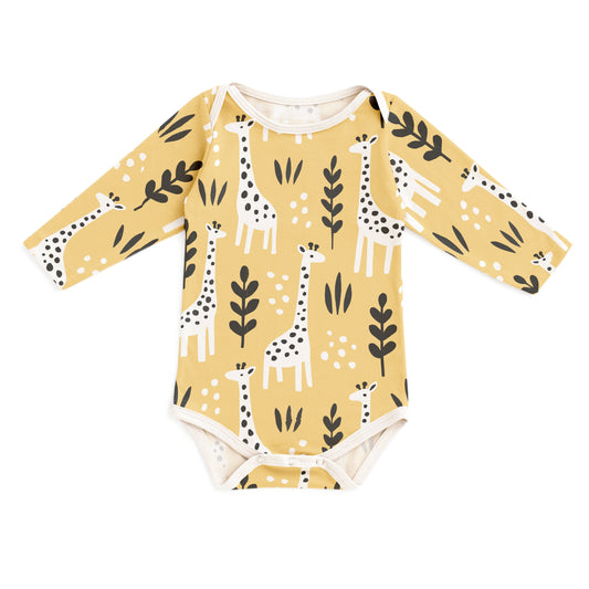 Long-Sleeve Snapsuit - Giraffes Pale Yellow
