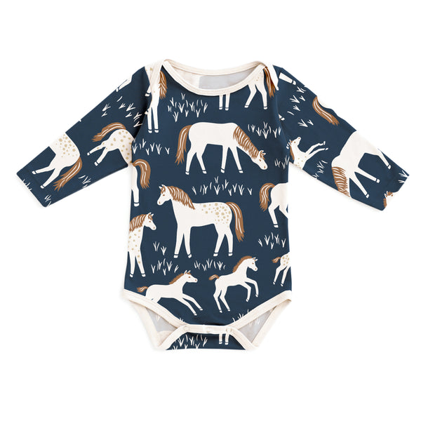 Long-Sleeve Snapsuit - Horses Navy