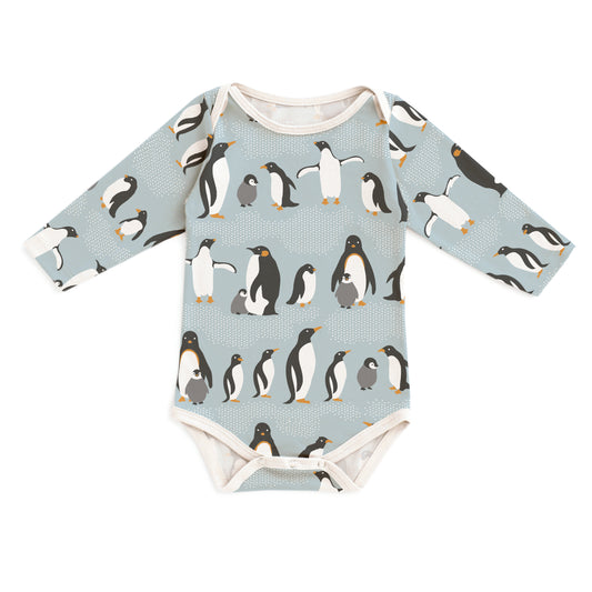 Long-Sleeve Snapsuit - Penguins Pale Blue