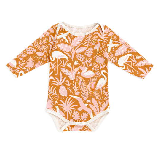Long-Sleeve Snapsuit - Tropical Birds Gold