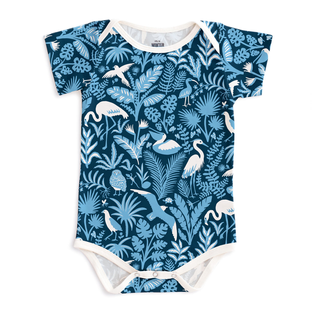 Short-Sleeve Snapsuit - Tropical Birds Navy